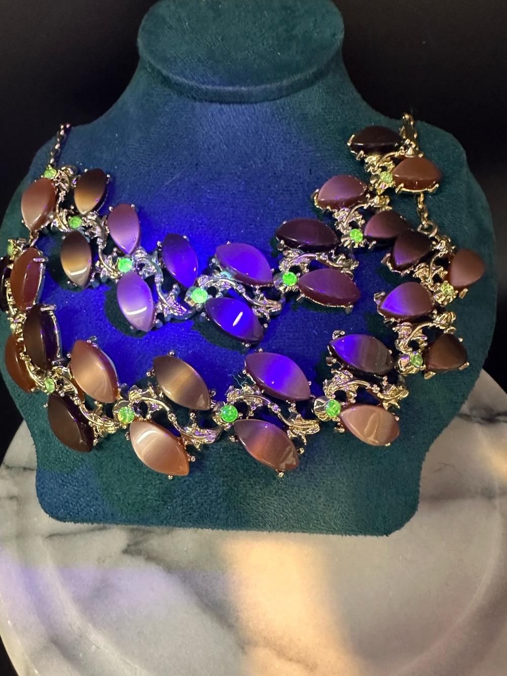 Mid Century Thermoset Uranium Glass Rhinestones Necklace & Bracelet - Picture 10 of 14
